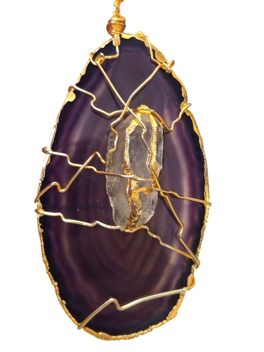 Handmade‎ Purple Agate Pendant With Gold Wire Wrap & Clear Quartz Centerpiece